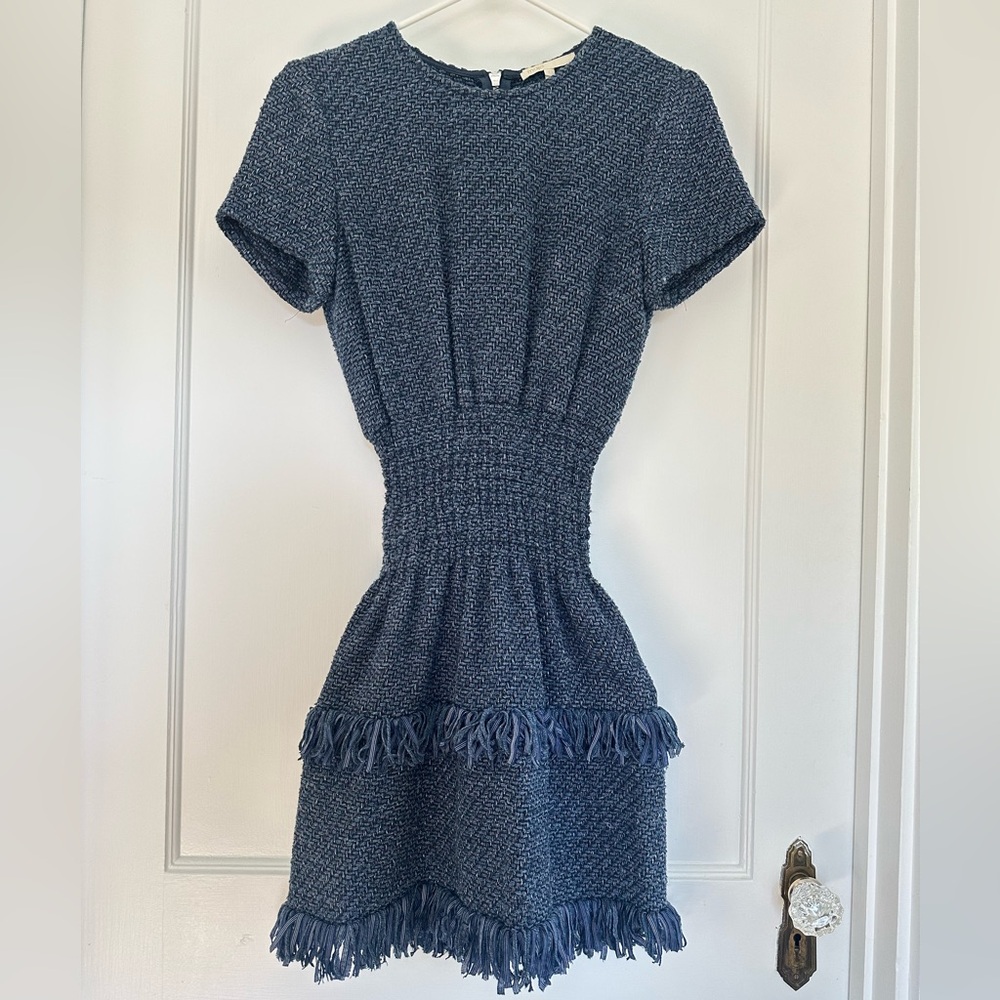MAJE Twill Short Sleeve Blue Smocked Waist Dress with Fringe